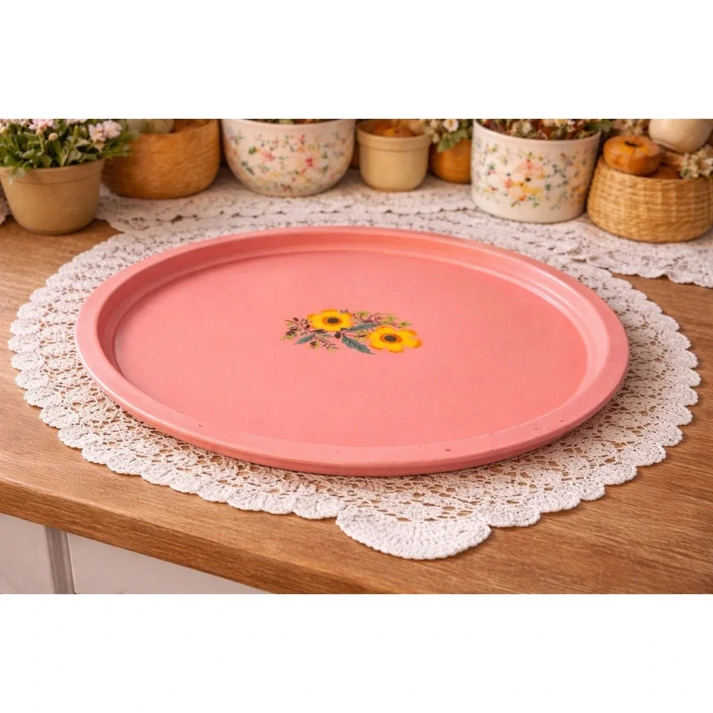 Vintage floral daisy coral pink yellow flowers 70's large oval 18x14.5